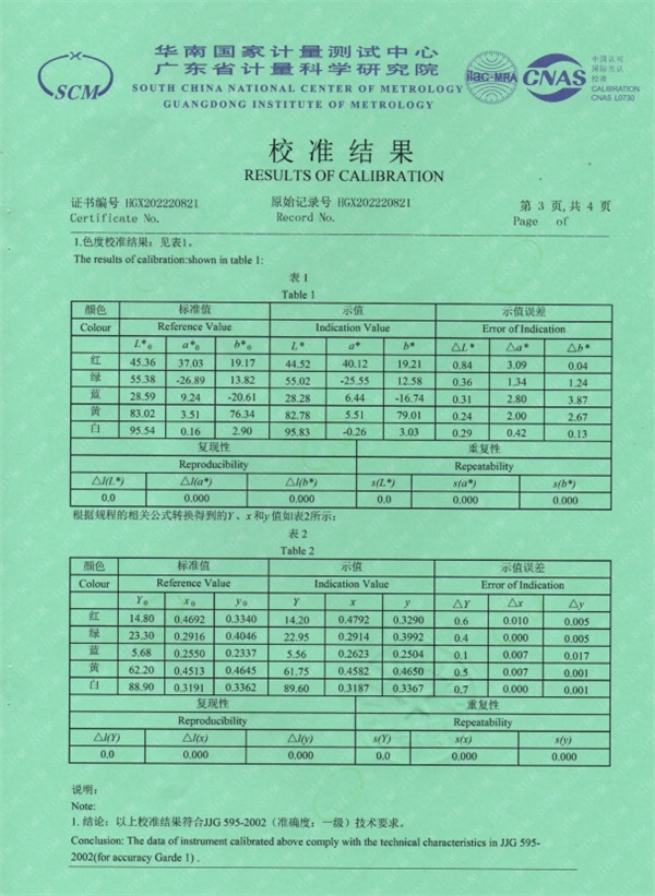 色差仪校准结果